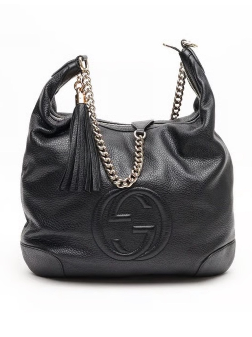 Gucci Black Pebbled Leather Hobo with Gold Chain and Tassel